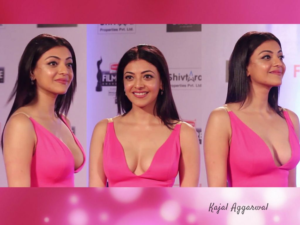 Kajal Aggarwal in Wide Neck Sleeveless Evening Dress Showing Her Cleavage