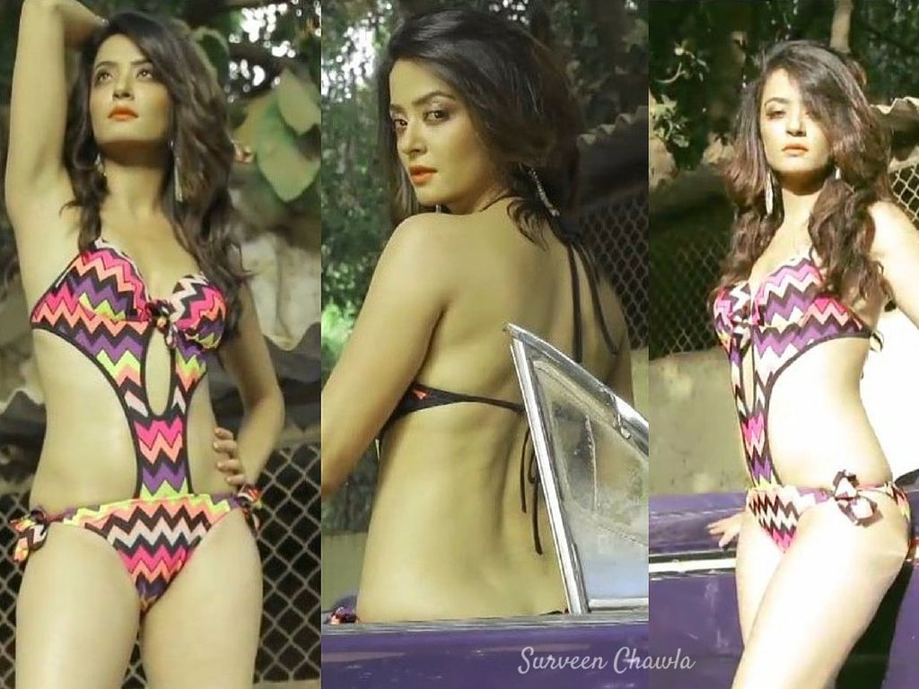 Surveen Chawla in Zig-zag Printed Bikini Showing Her Sexy Back 