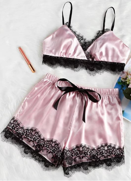 Lace Satin Cami Shorts Pajama Set