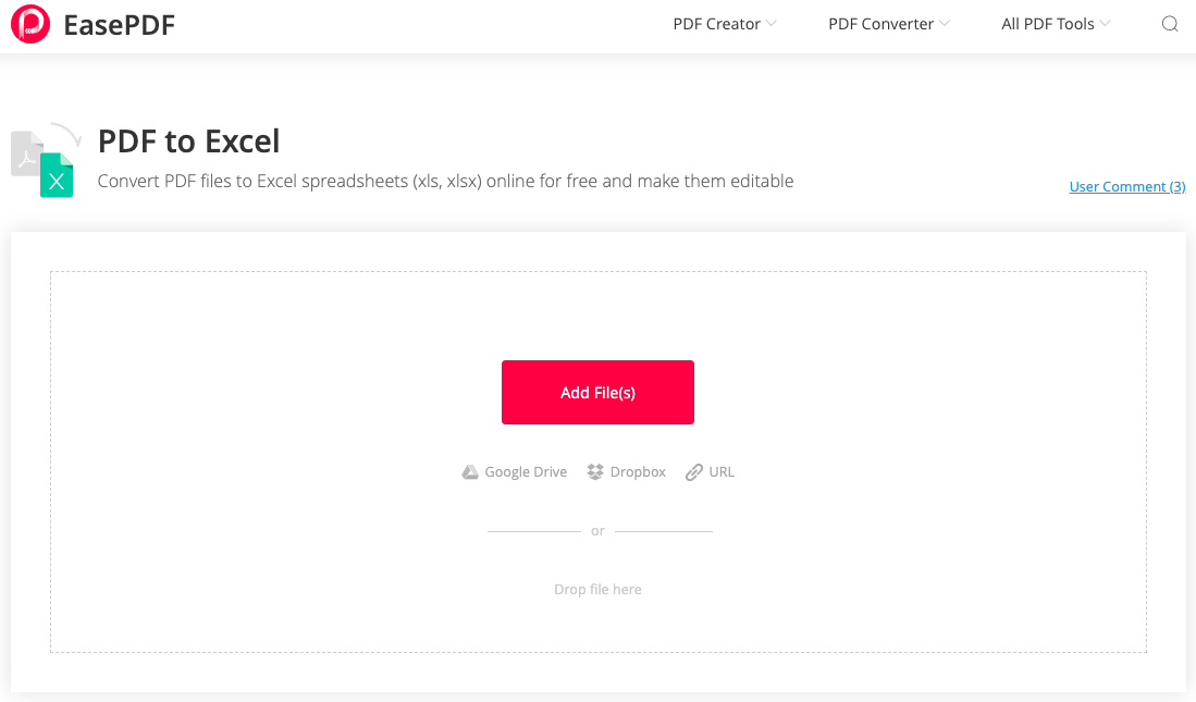 EasePDF PDF to Excel Upload Files