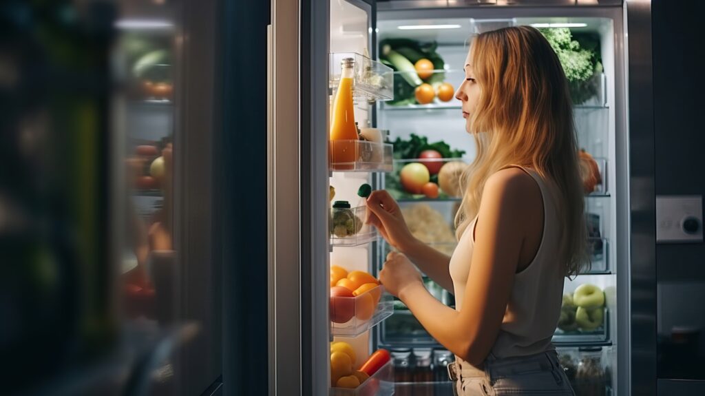 girl opening refrigerator at night