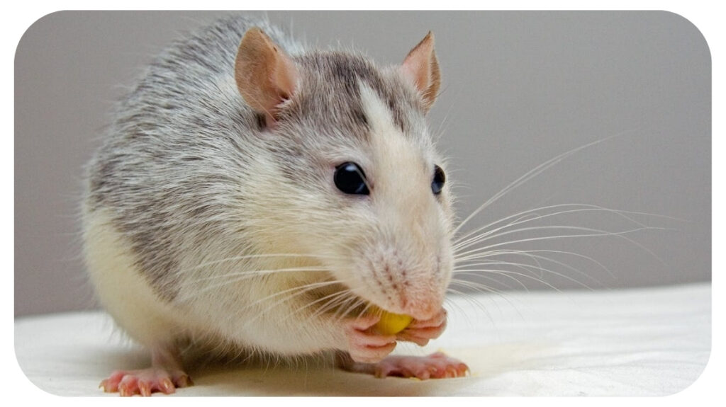 A close-up of a cute gray and white rat nibbling on food, with sharp whiskers and bright, curious eyes against a plain background.