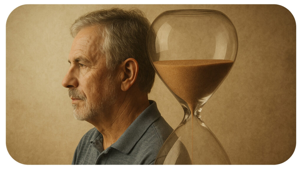 Profile of an elderly man beside an hourglass, symbolizing the passage of time and changing perception with age.
