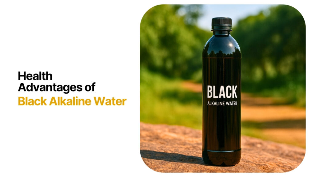 A high quality black alkaline water bottle placed outdoors on a natural rock surface with a green background, representing health and wellness. The image visually supports the article “What is Black Alkaline Water? Health Advantages of Black Alkaline Water” on Most Inside, highlighting its premium look and health benefits.