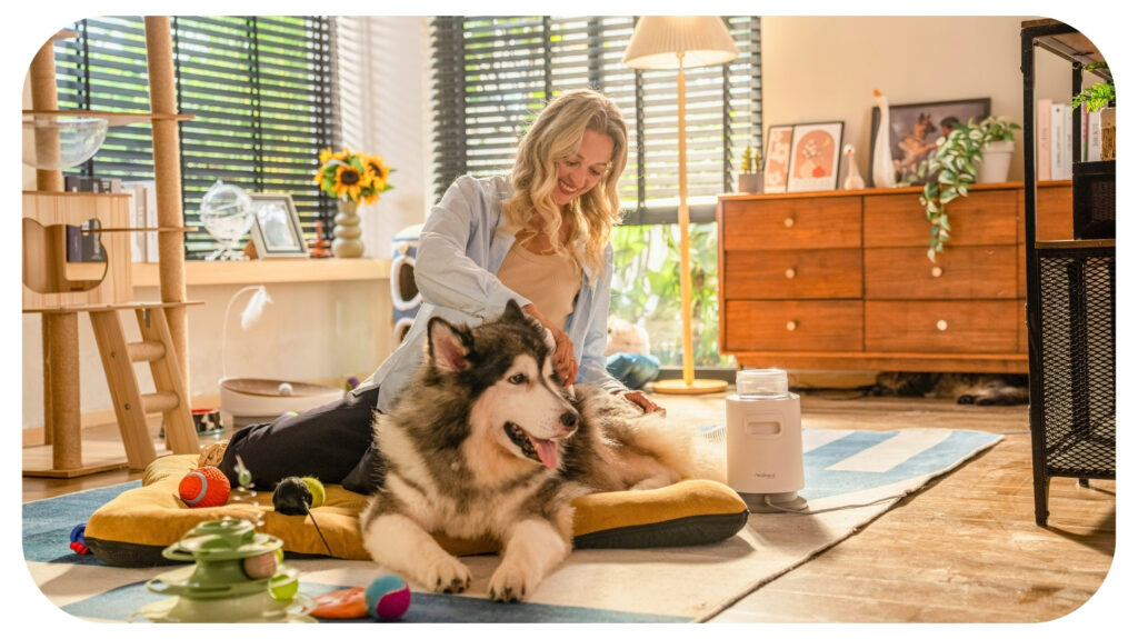 A woman sitting on the floor with two dogs.