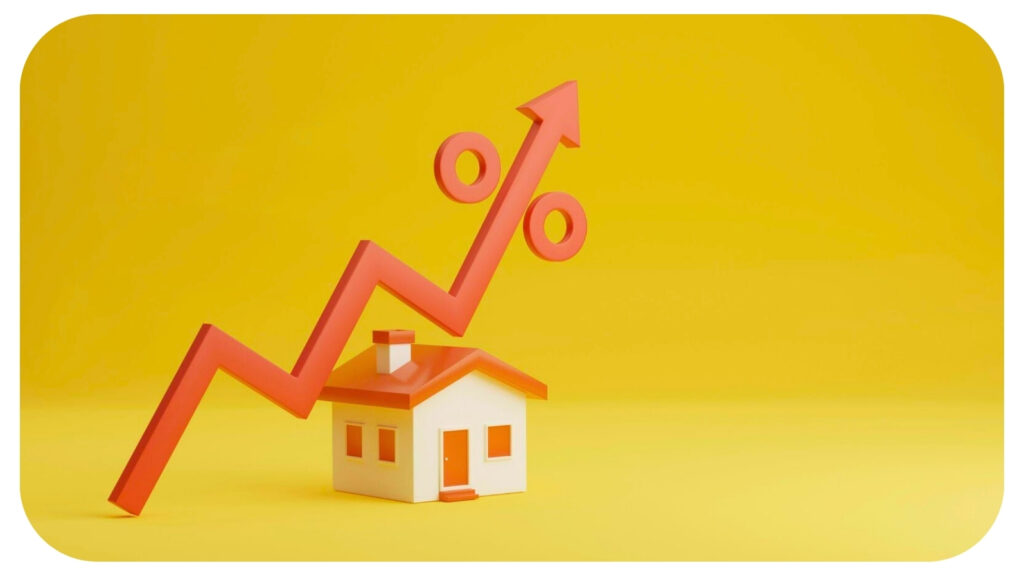 House icon and red arrow pointing up on yellow background Increasing home loan interest rates, investments, growth and real estate.