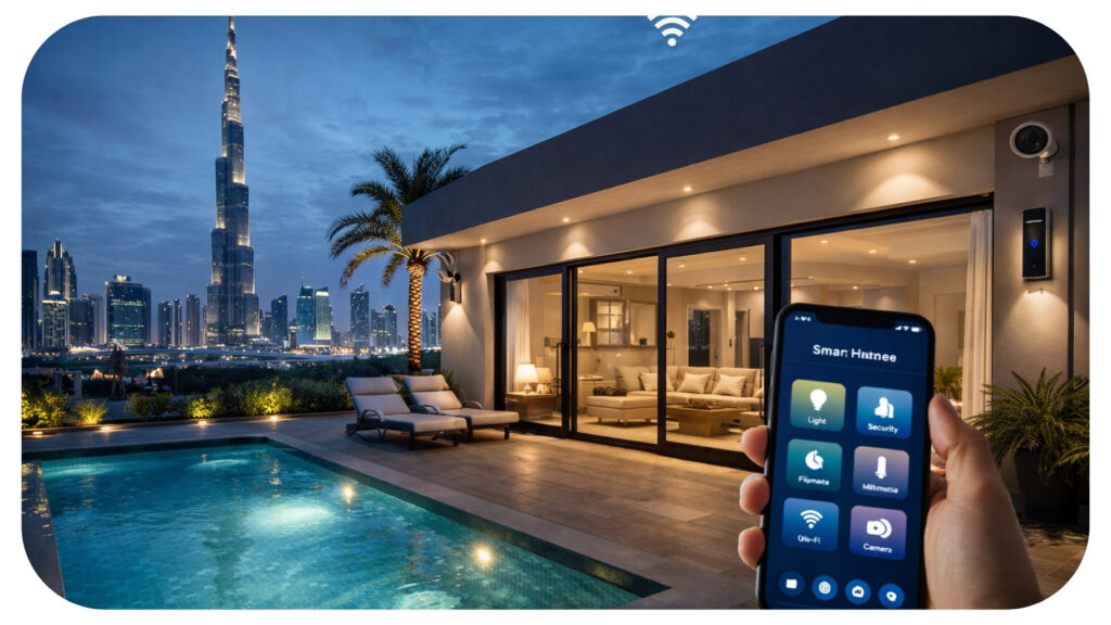 Smart home automation system in a modern Dubai house showing mobile control of lighting security and climate through a home automation company Dubai solution.