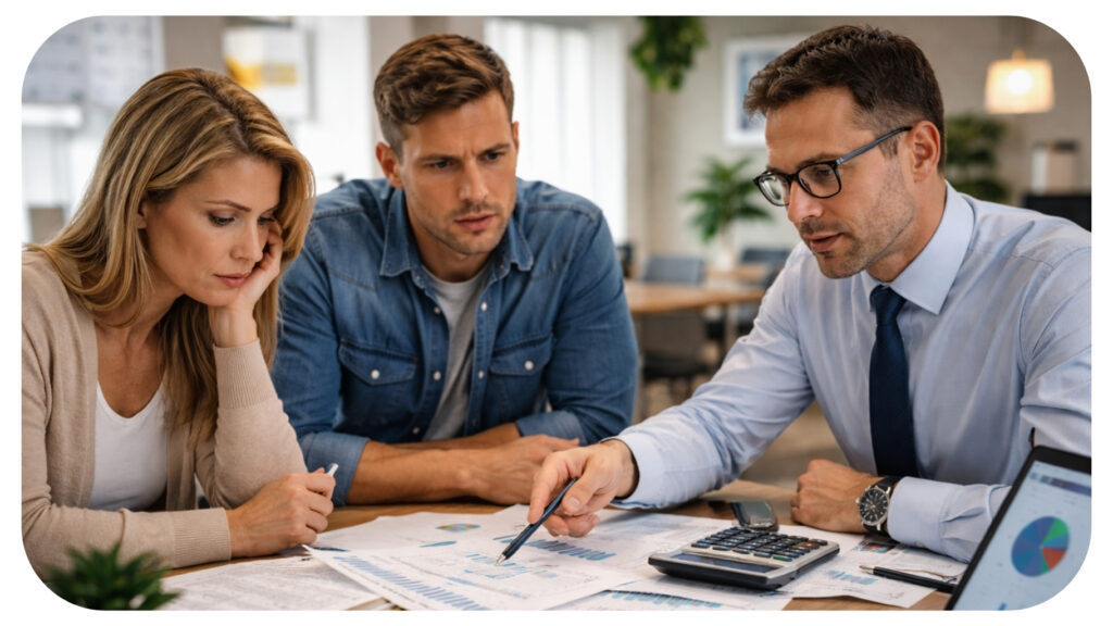 Accountant helping a couple review financial documents and plan expenses during economic uncertainty for better budgeting tax planning and peace of mind.