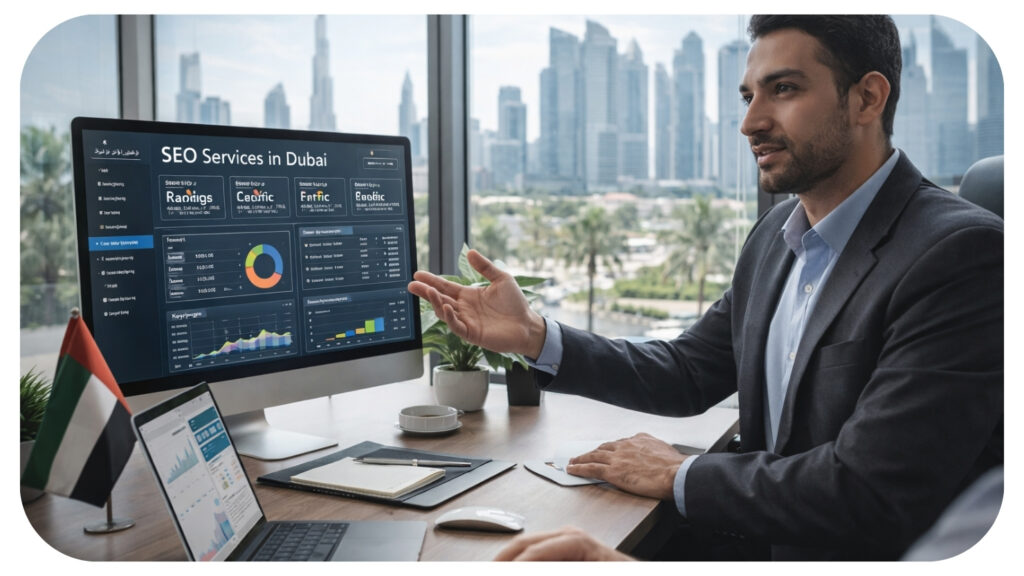 Professional SEO consultant explaining advanced SEO services in Dubai to a client inside a modern office with Dubai skyline background highlighting digital marketing strategy and search engine optimization growth.
