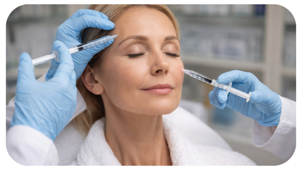 Woman receiving botox and fillers treatment during a professional cosmetic clinic procedure to reduce facial wrinkles restore volume and achieve youthful natural looking skin.