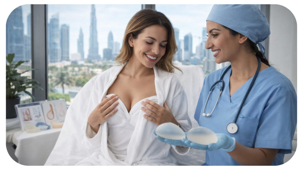 Patient consulting a cosmetic surgeon about breast implant surgery in Dubai during a professional clinic consultation highlighting modern aesthetic treatment and confidence enhancing breast augmentation procedure.