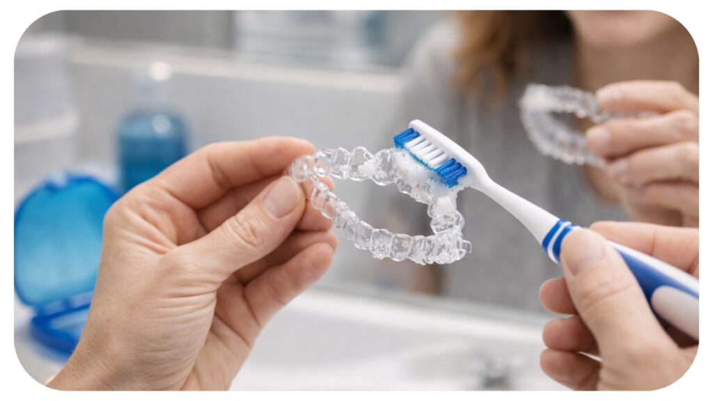 Person cleaning clear aligner tray with toothbrush as part of daily care routine to improve clear aligner treatment results and maintain oral hygiene.