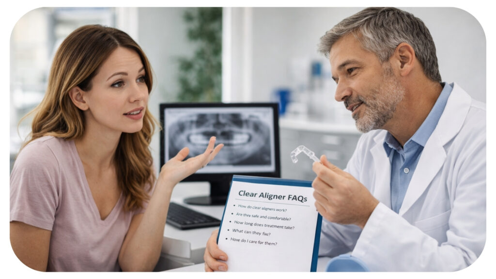 Dental consultation showing patient discussing clear aligner treatment timeline safety and daily care with dentist before starting orthodontic treatment.