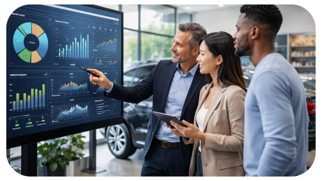 automotive dealership professionals reviewing ai analytics dashboard for inventory management sales optimization and data driven dealership strategy.