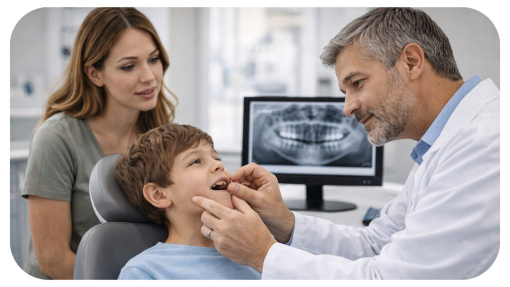 Orthodontist examining young child teeth with parent present during early pediatric orthodontic checkup to evaluate jaw growth and bite development