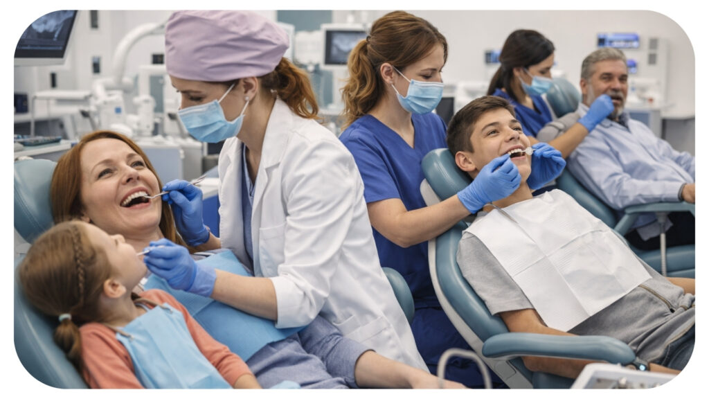 Family members receiving dental treatment together in one clinic showing the benefits of combining family and cosmetic dentistry in a single dental office.