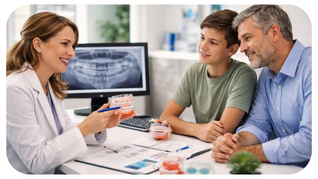 Family dentist explaining orthodontic referral and braces treatment plan to parents and child during consultation visit before orthodontic treatment begins.