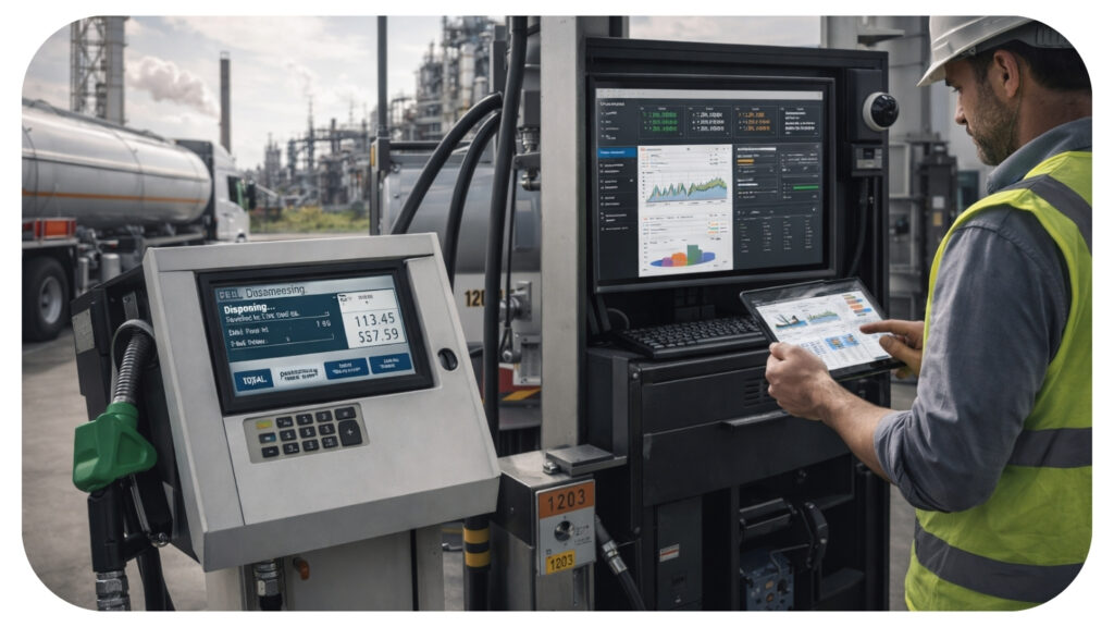 Industrial fuel management system dashboard showing real time fuel tracking and monitoring for fleet vehicles and equipment to improve efficiency and reduce fuel losses.