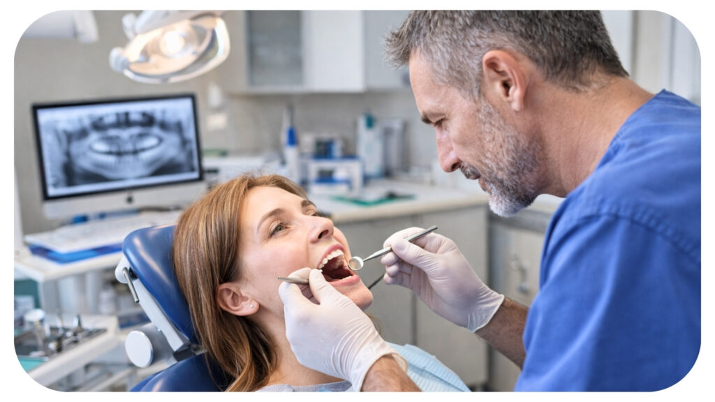 general dentist examining patient teeth during routine dental checkup to detect early signs of gum disease tooth sensitivity and oral health problems