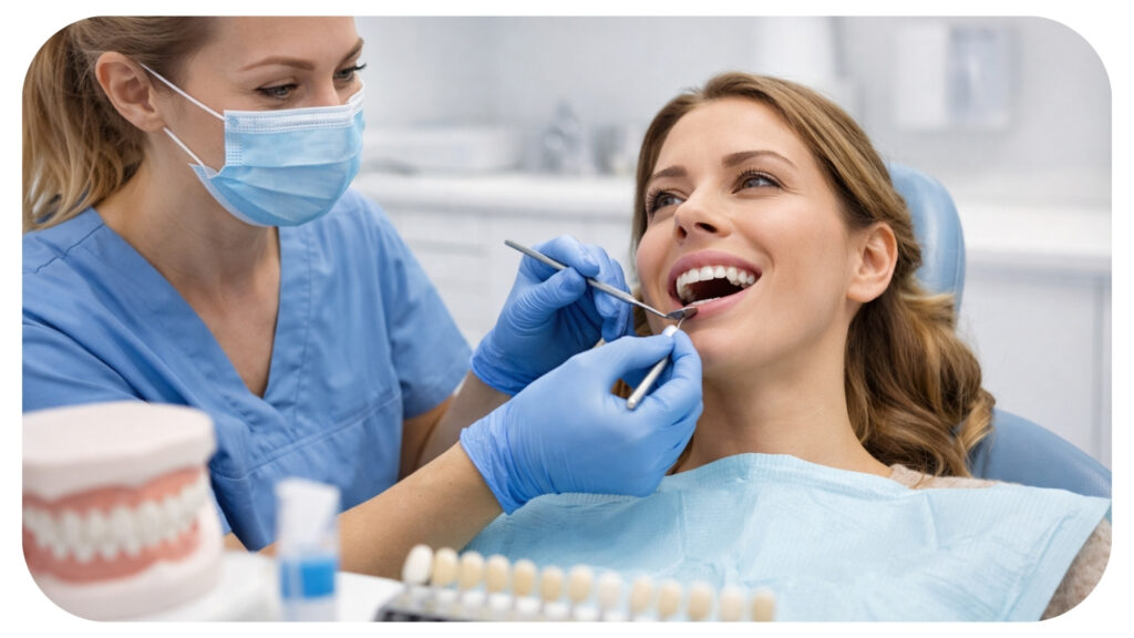 Dentist performing general dental examination before cosmetic dentistry treatment to ensure healthy teeth gums and bite for long lasting veneers whitening and smile enhancements.