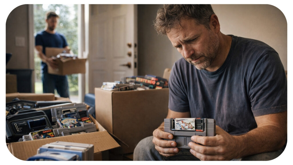 A person thoughtfully sorting and packing old video game collections into boxes while reflecting on memories and emotional attachment during the decluttering process.
