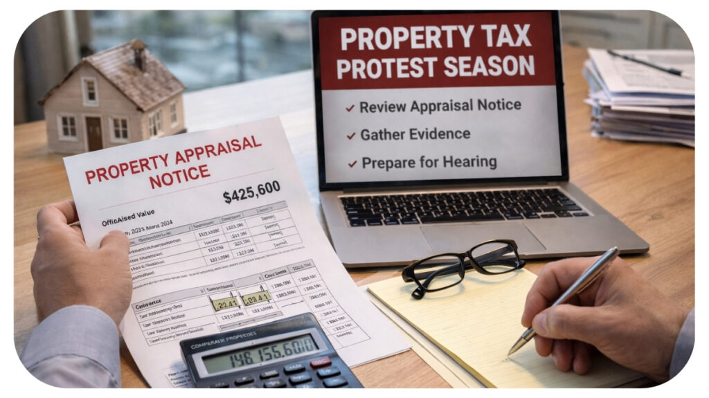 Homeowner reviewing property appraisal notice and preparing documents during property tax protest season to challenge assessed value and reduce property tax burden.