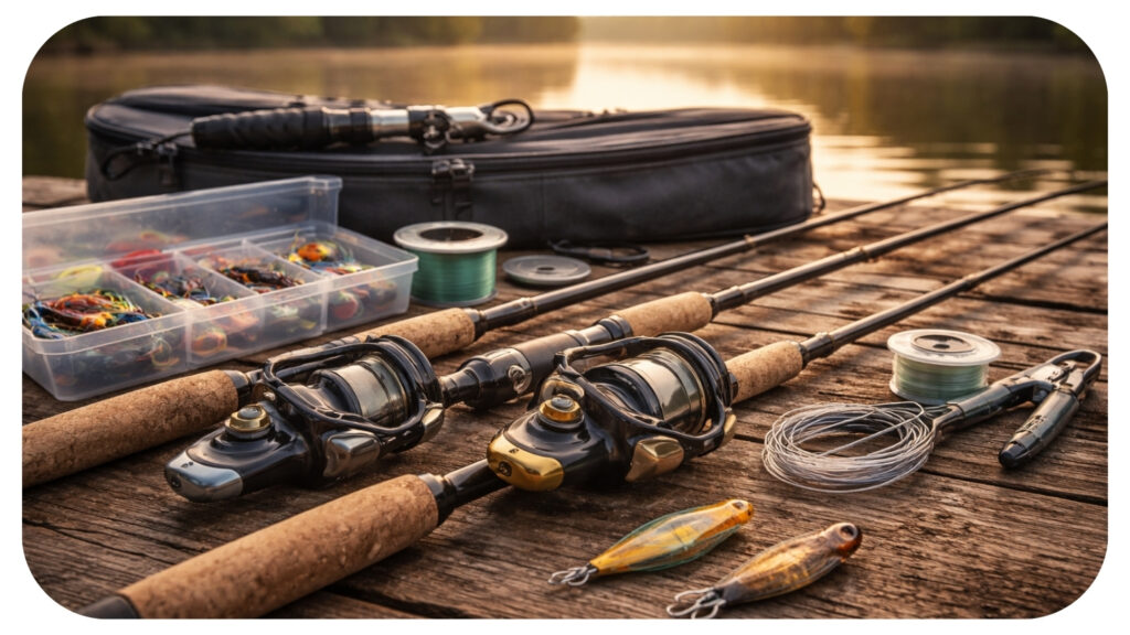 Premium fishing rods reels and tackle arranged near lakeside dock showing quality fishing gear setup that improves casting control durability and fishing performance.