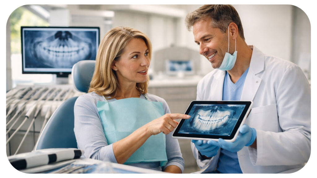 Patient talking with a dentist about new dental technology options like digital X rays and scanners during a dental clinic consultation.