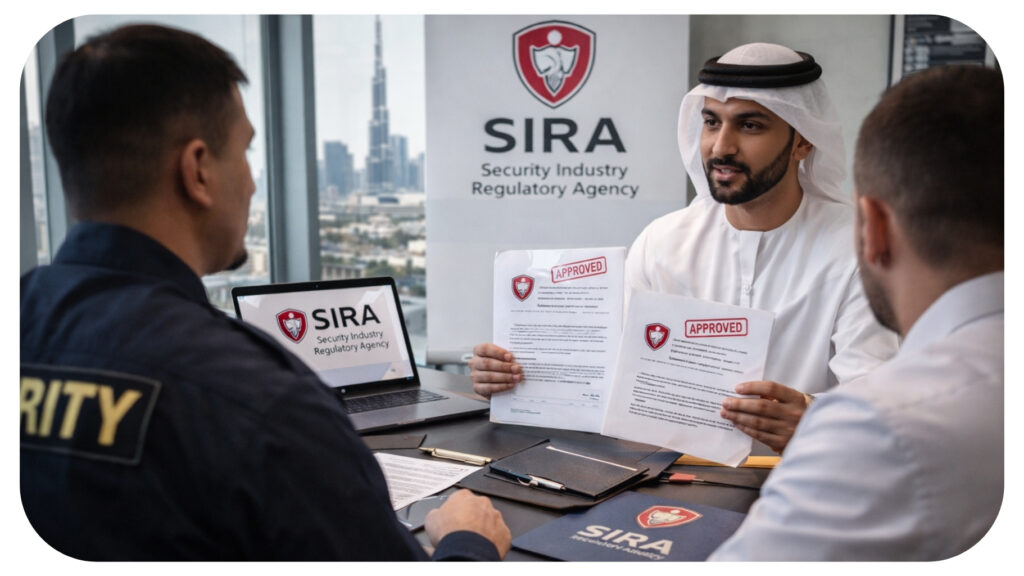 Security company professionals discussing SIRA approval process in Dubai with regulatory officer showing approved documents for security business licensing in UAE.