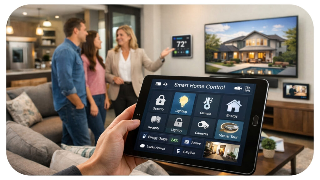 homebuyers viewing smart home technology dashboard with real estate agent demonstrating automation security lighting and climate controls during property visit