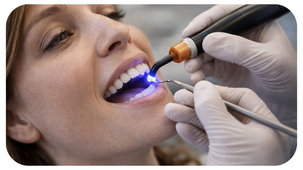 dentist performing subtle cosmetic dental improvement treatment using tooth bonding and whitening tools to improve smile appearance and support daily oral care routines