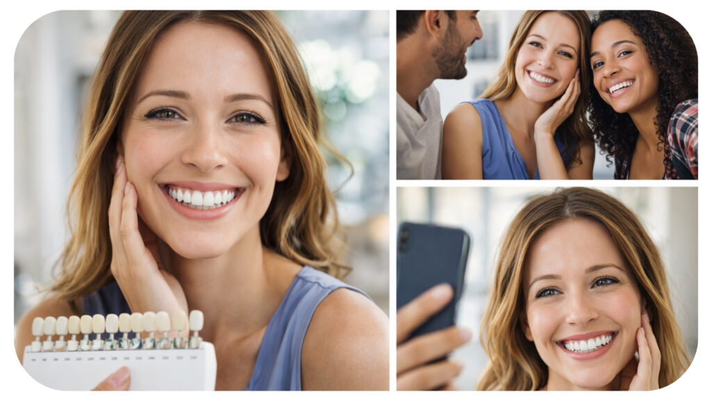 Woman showing bright white teeth after professional teeth whitening treatment reflecting improved smile confidence in social and daily interactions