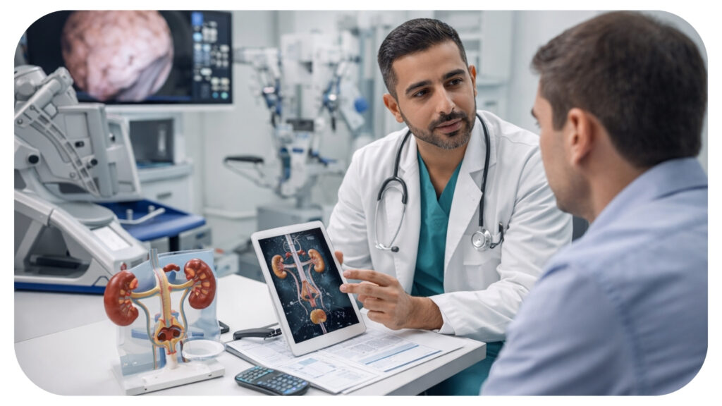 Top urologist in Dubai consulting patient using advanced imaging and minimally invasive surgery planning for kidney prostate and urinary tract treatment.