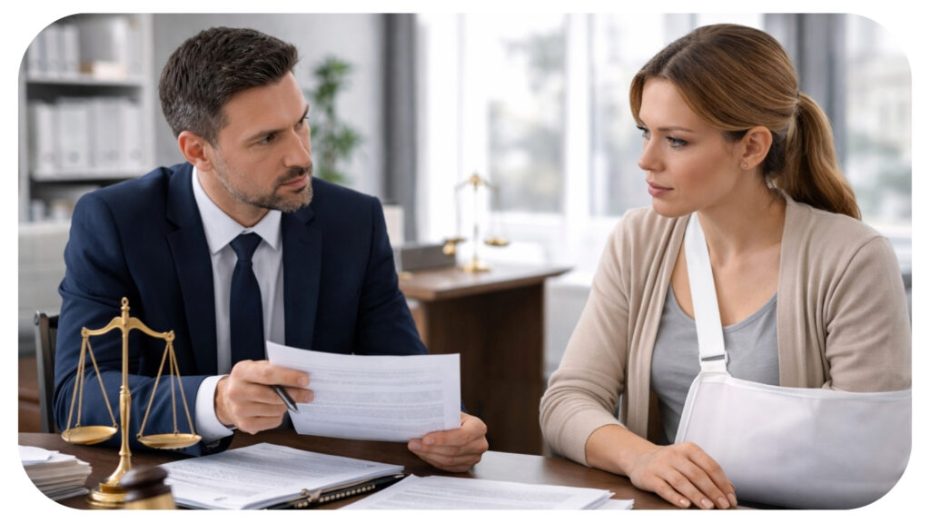 Client consulting a personal injury lawyer after filing a premises liability lawsuit reviewing legal documents and understanding next steps in the claims process.