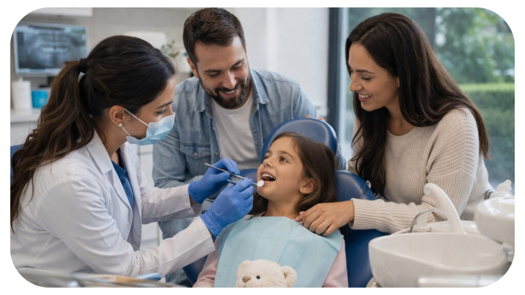 Family dentist performing a routine dental checkup for a young child while parents support during a preventive care visit at a modern dental clinic.