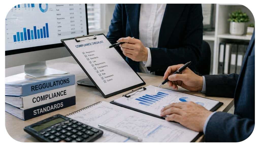 Accounting professionals reviewing compliance checklist tax reporting documents and regulatory standards to help businesses stay compliant with changing regulations.