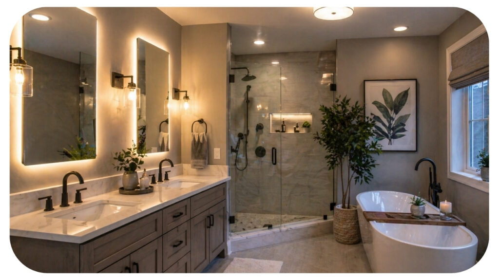 modern bathroom interior showing layered bathroom light fixtures around mirror ceiling and vanity providing clear comfortable lighting for daily grooming and relaxation routines.