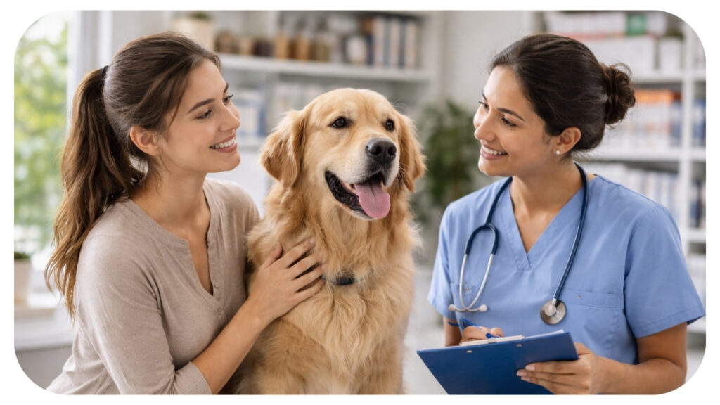 Veterinarian examining a pet dog with owner inside a modern veterinary clinic in Dubai during a routine health checkup.