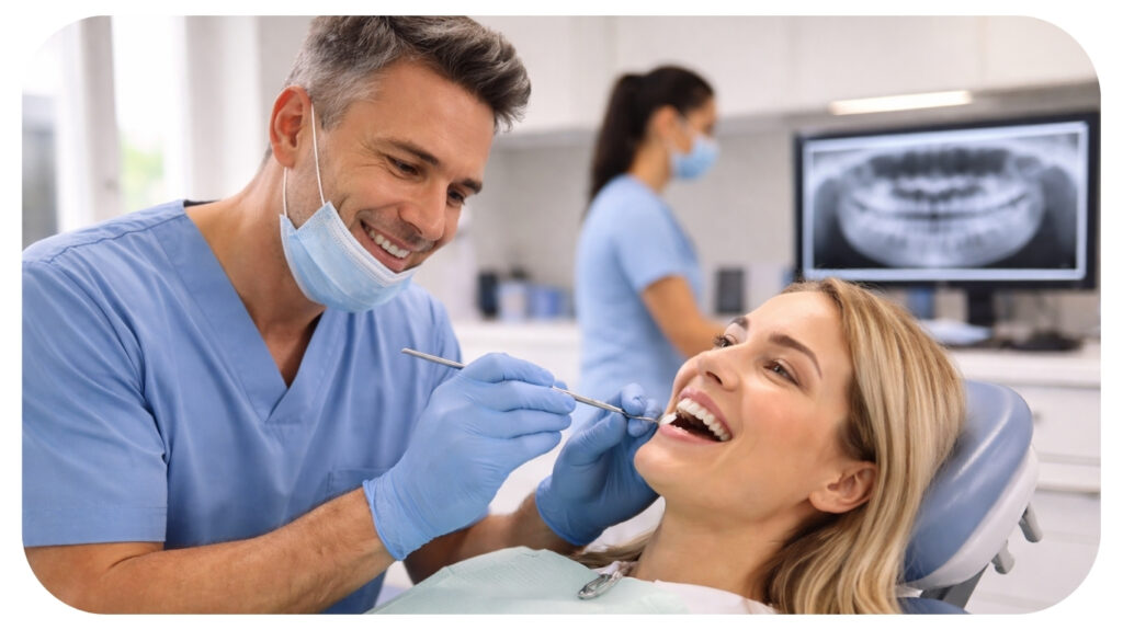 Dentist performing routine dental checkup and cleaning for a patient during a preventive general dentistry visit to support oral health and early problem detection.