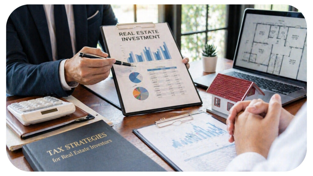 certified public accountant discussing tax planning financial reports and property investment strategy with a real estate investor in a professional office setting.