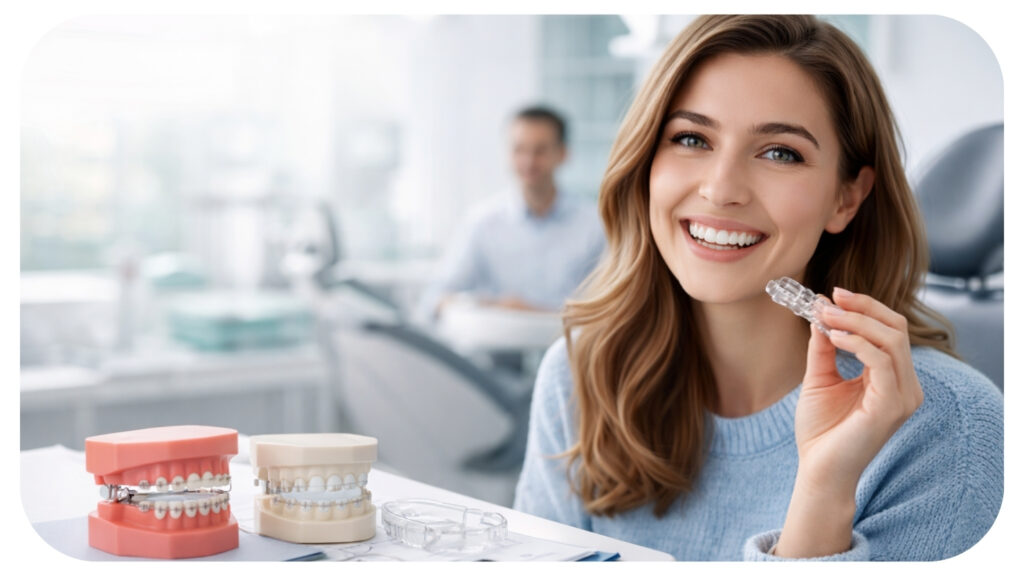 Young woman holding clear aligners during orthodontic consultation explaining common myths about orthodontic treatment and modern braces options for adults and teens.