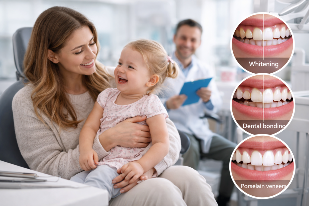 Busy parent visiting a dentist with child while learning about quick cosmetic dentistry treatments like teeth whitening dental bonding and porcelain veneers for a confident smile.