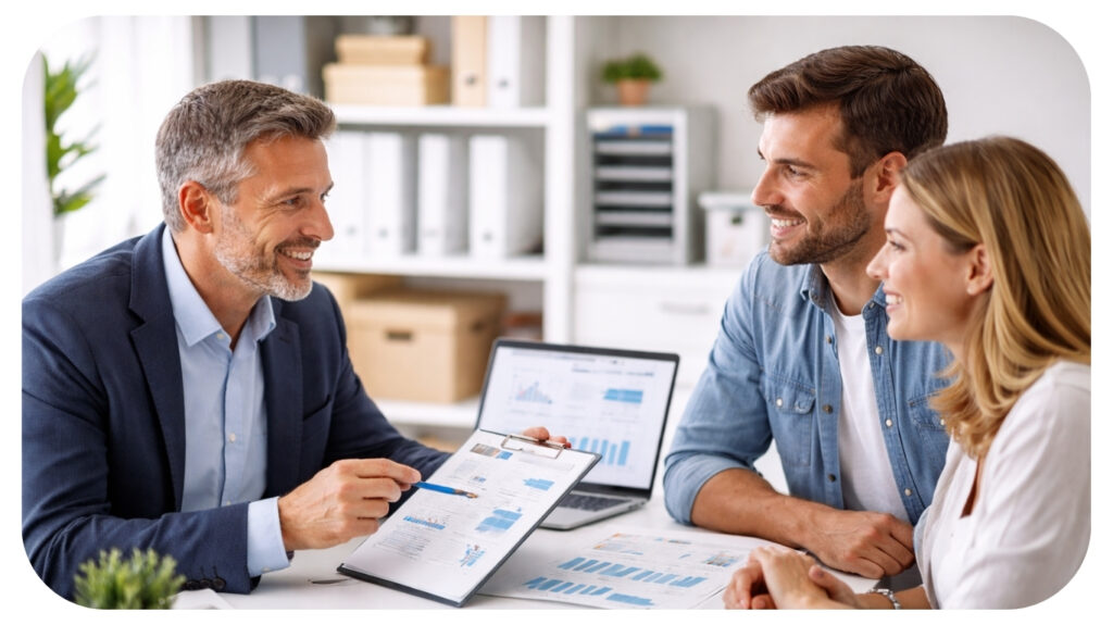 CPA discussing financial reports with small business owners during a planning meeting to improve cash flow tax strategy and daily business operations.