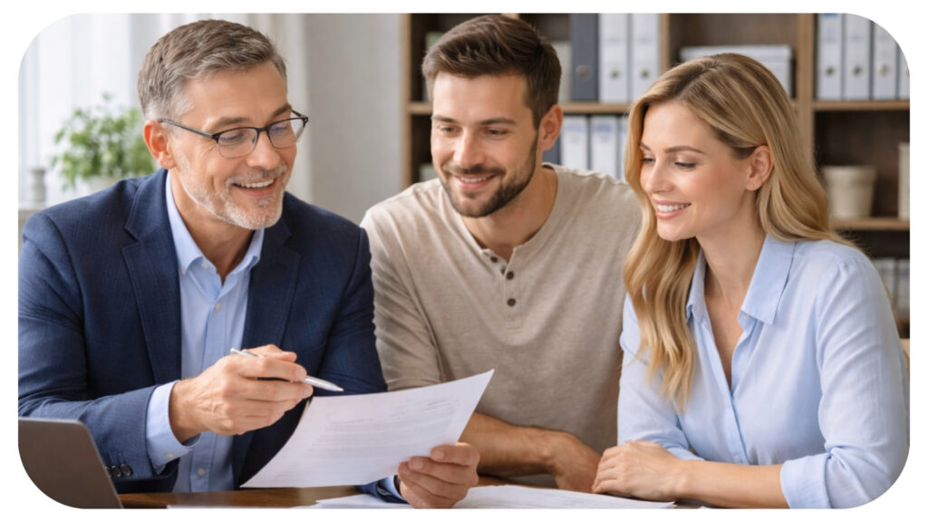 certified public accountant explaining tax documents to a couple during consultation highlighting benefits of professional tax guidance compared to DIY tax software.