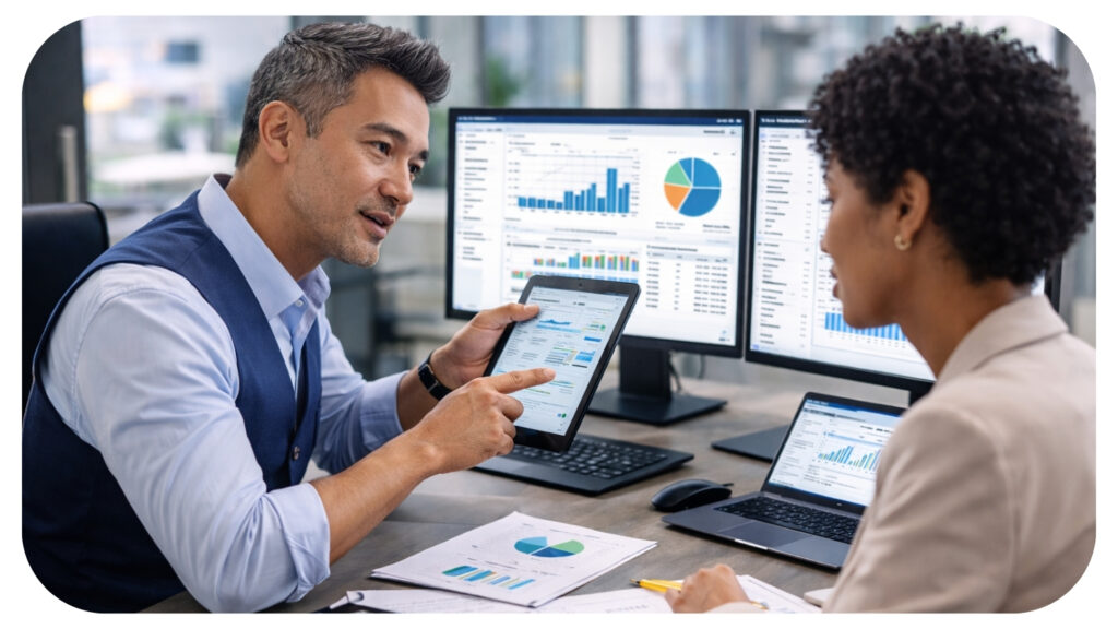 Certified public accountant explaining financial reports using digital analytics tools during a business strategy meeting with a client in a modern office.