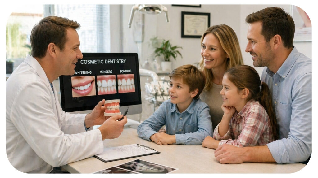 Dentist explaining cosmetic dental treatment options like whitening veneers and bonding to a family during a consultation before their cosmetic dental visit preparation appointment.