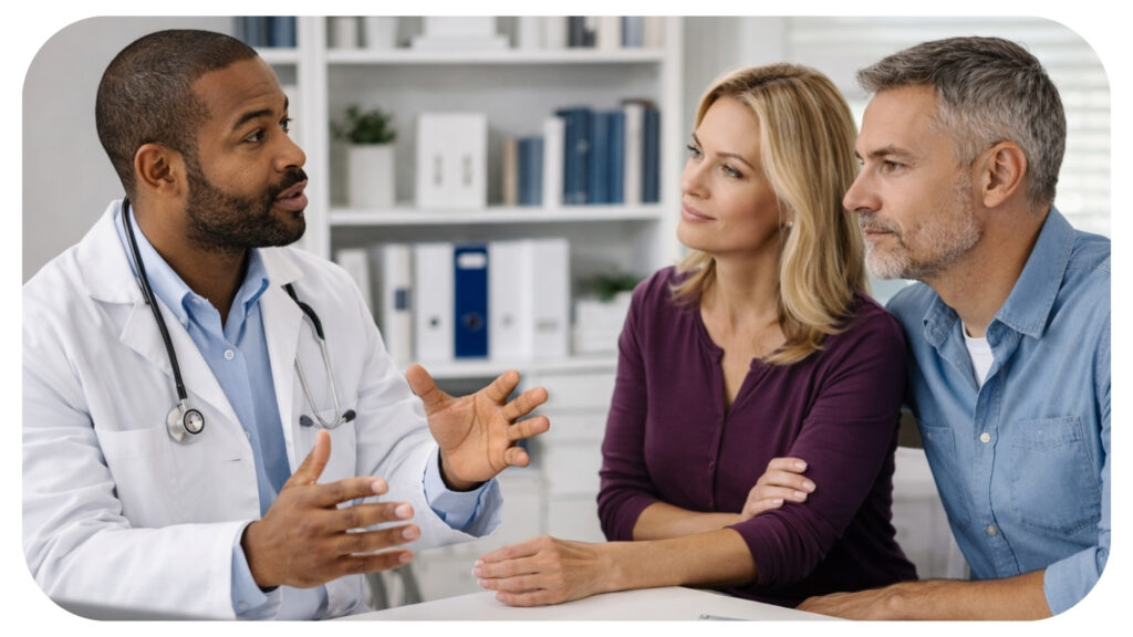 Family dentist explaining cosmetic smile care treatment options such as whitening bonding veneers and aligners to adult patients during a dental clinic consultation