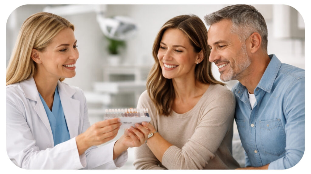 Alt text
Family dentist discussing cosmetic smile care options such as teeth whitening veneers and clear aligners with adult patients during a dental clinic consultation.