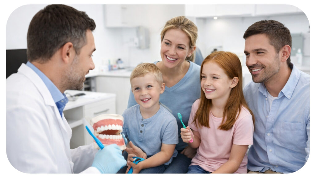 Family dentist guiding parents and children on brushing habits during a dental visit to support a positive dental culture at home and healthy oral care routines.