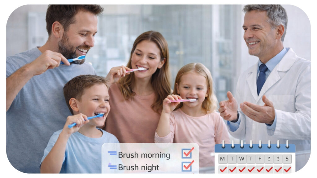Family dentist guiding parents and children practicing daily brushing habits together at home to build strong lifelong oral care routines and healthy teeth.
\